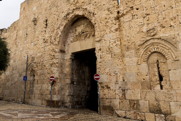  Zion Gate. Israel.Bullet holes in the wall of the old city of Jerusalem. City Gate.