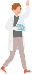 Paramedic or doctor or scientist man showing ok gesture with glass beaker, experiment and chemistry
