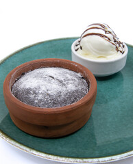 Chocolate Souffle with ice cream isolated on white