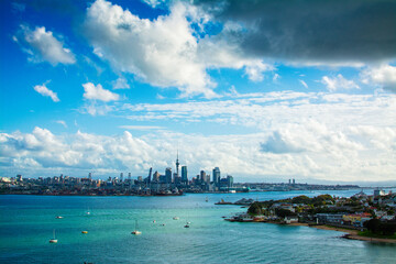 Auckland City and Auckland port as seen from Devonport suburb. North Island, New Zealand