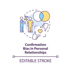 Confirmation bias in relationships concept icon. Example of cognitive prejudice abstract idea thin line illustration. Isolated outline drawing. Editable stroke. Arial, Myriad Pro-Bold fonts used