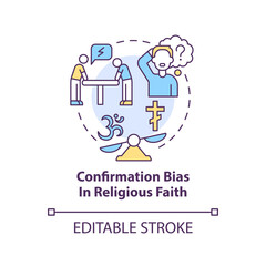 Confirmation bias in religious faith concept icon. Example of cognitive prejudice abstract idea thin line illustration. Isolated outline drawing. Editable stroke. Arial, Myriad Pro-Bold fonts used