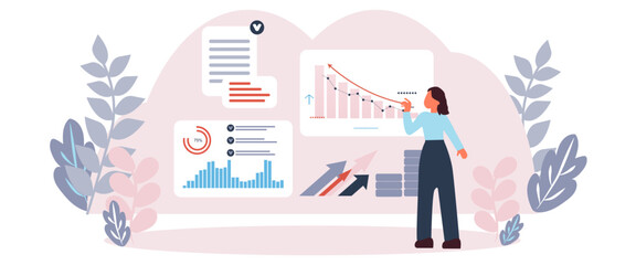 Financial management business concept. Web report analysis and monitoring research on web report dashboard monitor  data for successful financial strategy.  Vector illustration.