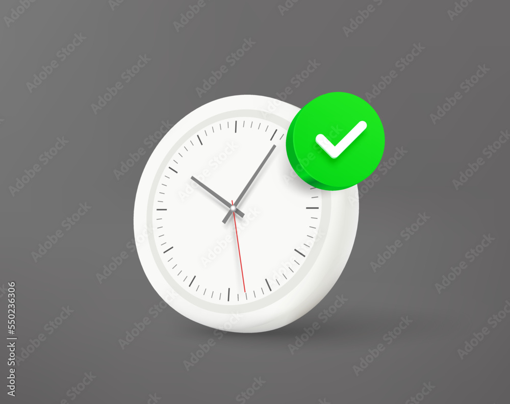 Poster White clock with green checkmark. 3d vector icon
