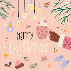 Cute Christmas card. African American hand with the Cup of coffee, branches, Christmas tree, candle and lamps. Winter holiday card with calligraphy and hand drawn design elements. Vector illustration.