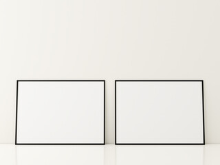 Frame with poster mockup standing on the white floor. minimalist frame mockup. 3d rendering