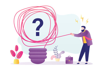 Businessman trying to unravel chaotic tangle and come up with new idea. Brainstorm, concept. Difficulty of choosing the right path, creativity. Messy lines in light bulb, brainstorming process.