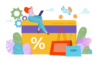 Web banner digital promotion marketing offer ads, businessman hold loudspeaker laptop loyalty program flat vector illustration, isolated on white.