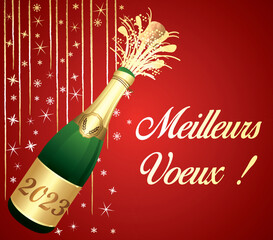 Meilleurs vœux ! Bonne année ! Carte de vœux dorée avec champagne et décorations de fête. Illustration vectorielle. Carte rouge et or. Français.	