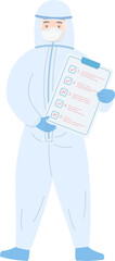 Paramedic or doctor or scientist wearing isolation gown with scrapbook