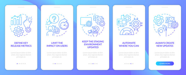 Releasing management process tips blue gradient onboarding mobile app screen. Walkthrough 5 steps graphic instructions with linear concepts. UI, UX, GUI template. Myriad Pro-Bold, Regular fonts used