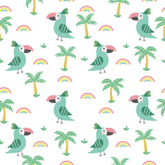 Cute birds seamless pattern. Parrot with palms and rainbow. Childish design for fabric, wrapping, textile, wallpaper, apparel.