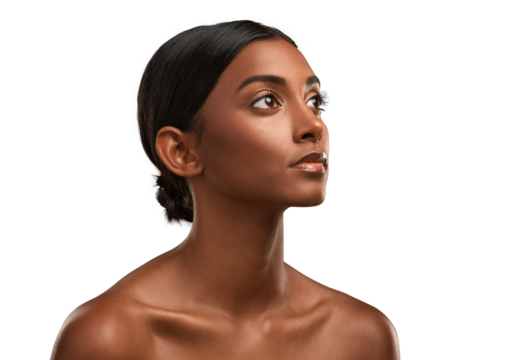 Side shot of a beautiful young woman posing against an isolated transparent png background.
