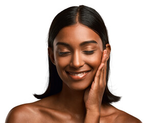 Shot of a beautiful young woman touching her face while posing isolated transparent png background.