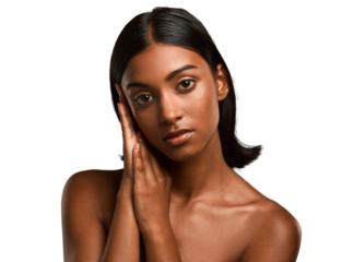 Portrait of a beautiful young woman touching her face while posing isolated transparent png background.
