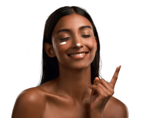 Shot of an attractive young woman applying moisturiser isolated transparent png background.
