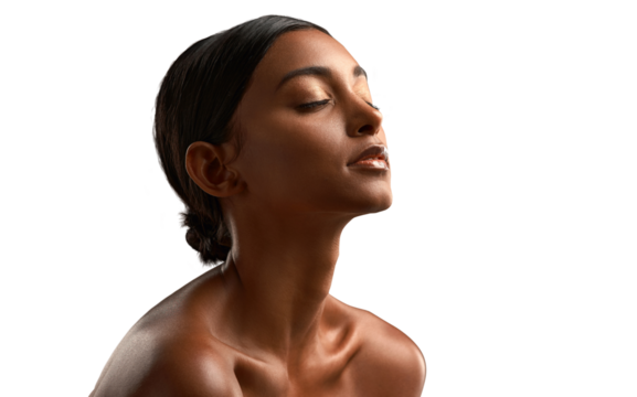 Side shot of a beautiful young woman posing isolated on a transparent png background
