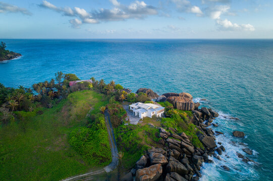 Aerial VIew Over the coast & Ocean House in Seychelles