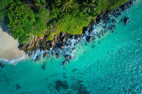 Aerial View Above Calm Section of Praslin Island Coast, Seychelles