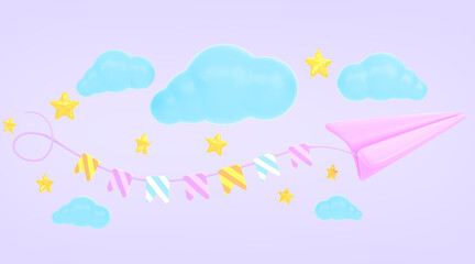 Flying paper plane with colorful flags garland in sky with clouds and stars 3d render. Happy birthday banner, greeting card, invitation to children party, sending email or message. 3D Illustration
