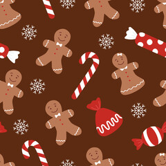 Naklejka premium Christmas seamless pattern with gingerbread men cookies, candy cane, chocolate candies and snowflakes on brown background. Vector flat illustration with holiday, New Year sweets