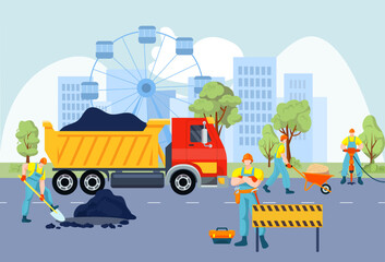 Urban road repair work, concept hardwork builder constructor male character fix city highway maintenance flat vector illustration.
