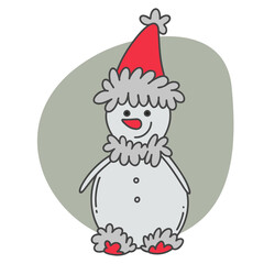 Cute snowman in red hat doodle. Christmas symbol.