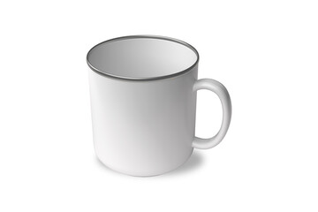 Blank white enamel coffee or tea mug mockup isolated on white background. 3d rendering.