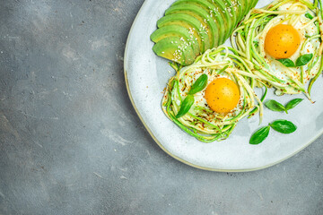 zucchini with eggs and avocado. breakfast. Healthy food, ketogenic diet, diet lunch concept. place for text, top view