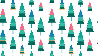 Christmas seamless pattern, light green background. Forest deer, green fir, spruce trees. Vector illustration