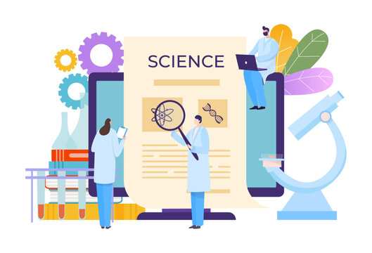 Modern tiny character professional research specialist hold magnifying glass, associate scientist flat vector illustration, isolated on white.