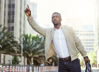 Travel, traffic and businessman try to stop taxi or transport driver to go to work, business meeting or airport to catch a plane. Business man in urban city, on the road and catching cab or car ride