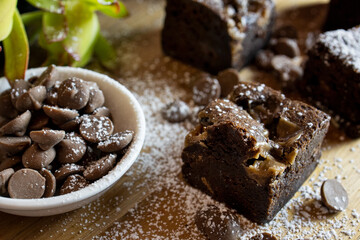 Chocolate Brownie and choc bits with dusting sugar