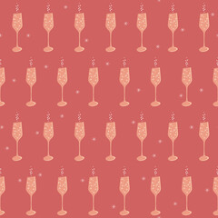 Glass of sparkling wine, seamless pattern. Holiday, wedding, birthday, party, Christmas, New Year seasonal, festive background in orange, red color. For wrapping paper, wallpaper, background, fabric
