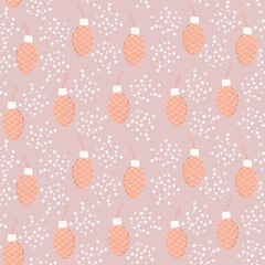 Christmas tree decoration pine cone and snowflakes. Seamless pattern in orange, pink and white colors. New Year, holiday, winter background. For wallpaper, wrapping, textile, fabric