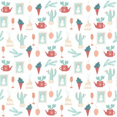 Christmas seamless pattern. New Year background with traditional holiday elements. Winter season holidays vector illustration, cute fabric, textile, wrapping paper with white backdrop