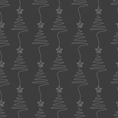 Monochrome outline Christmas tree star icon seamless vector pattern. One line hand drawn illustration. Wallpaper, festive decor, fabric, print, wrapping paper. Winter holiday card.