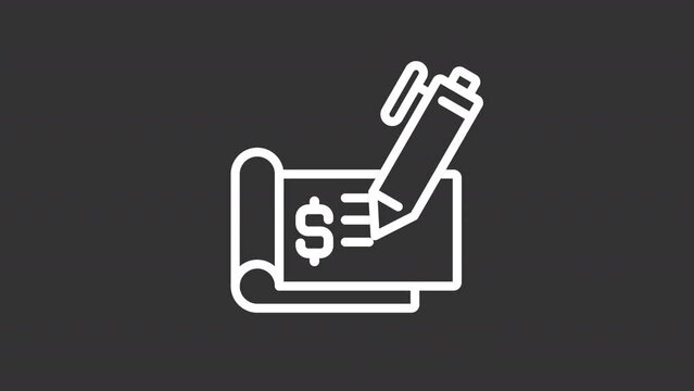 Animated check white line icon. Money payment with bill. Financial operation. Seamless loop HD video with alpha channel on transparent background. Motion graphic design for night mode