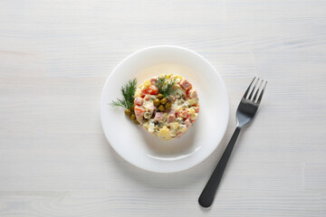 Concept of New year food, Olivier salad, top view