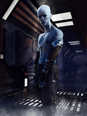 Alien man with blue skin standing in a dark corridor of a spaceship. 3D render - the man is a 3D object rendered in DAZ Studio.