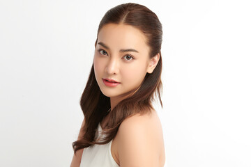Fototapeta premium Beautiful young asian woman with clean fresh skin on white background, Face care, Facial treatment, Cosmetology, beauty and spa, Asian women portrait.