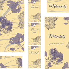 A set of templates for flyers, business cards and labels. On a pale yellow background, a purple pattern.