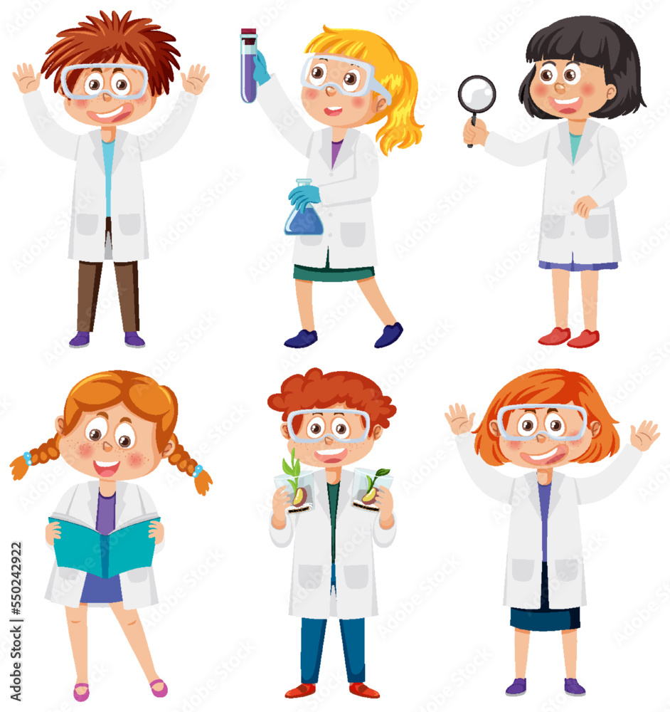 Sticker set of different kids in scientist outfits