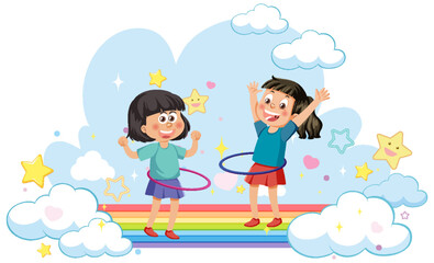 Happy kids on rainbow