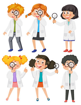 Set of different kids in scientist outfits