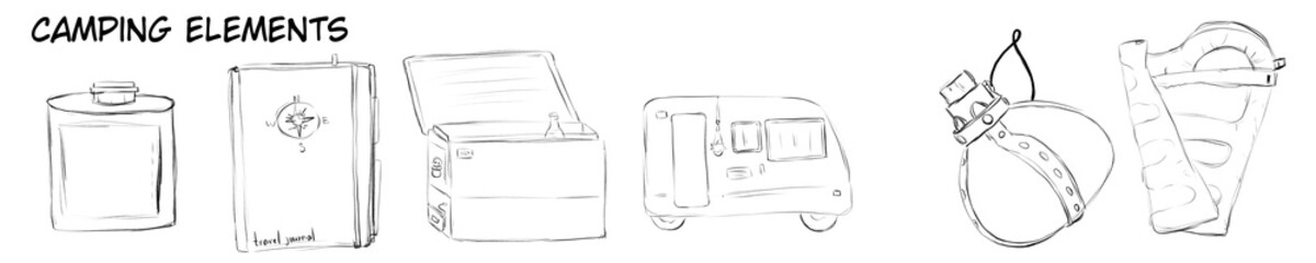 Camping kit: flat flask, travel diary, portable cooler, trailer, round flask, outdoor sleeping bag. Digital pencil sketch illustration.