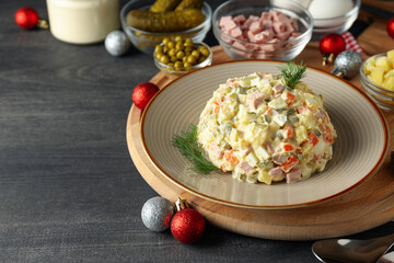 Concept of New year food, Olivier salad, space for text