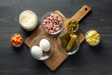 Concept of New year food, Olivier salad, top view