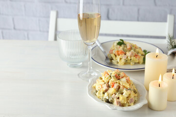 Concept of New year food, Olivier salad, space for text