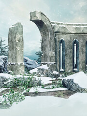 Fantasy ruined gate in a snowy scenery with rocks covered with snow. 3D render.